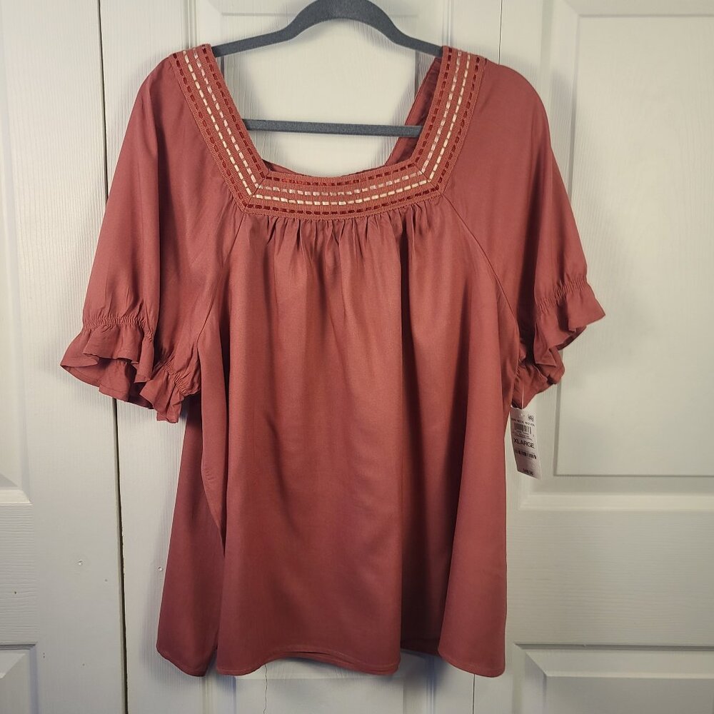 NWT STYLE & CO Women's Square Detailed Neck Short Sleeve Boho Top Size XL